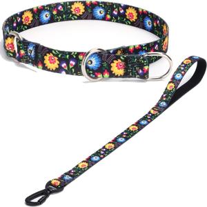 Martingale Dog Collar - No Pull Training Collar with Flower Multicolor Cute Patterns - Premium No Slip Collar with Slidable Stop Ring for Small, Medium, Large Dogs (L, Black Set)