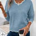 Womens V Neck Pullover Sweaters Long Sleeve Scallop Trim Knit Tops Loosed Fit 2026 Fall Outfits (Medium, Blue)