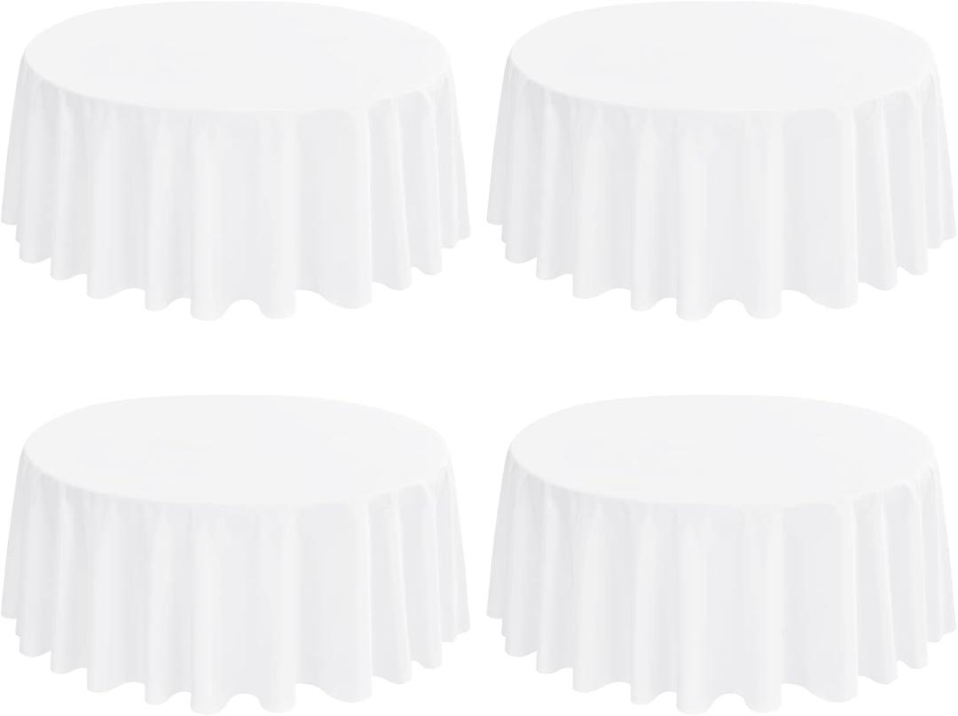 4 Pack 90 Inch White Round Polyester Tablecloths - Wrinkle & Stain Resistant, Ideal for Weddings, Banquets, Parties