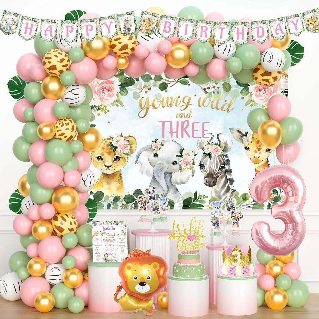 Young Wild and Three Decorations Girl, Jungle Safari Animal Theme 3rd Party Decorations Backdrop Balloons Banner Cake Cupcake Topper Poster Crown Lion Cheetah Giraffe Pink 117 PCs