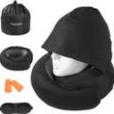 Travel Pillow - Hooded Neck Pillow Airplane Memory Foam Filling for Plane, Office, Cars Sleeping, Road Trip, Long Flights, Portable Plane Accessories, Includes Eye Mask & Earplugs (Black)