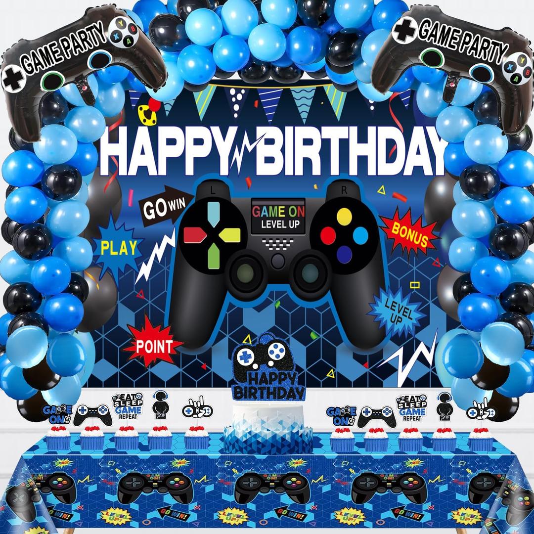 62 Pieces Video Game Party Supplies Set: Decorations with Happy Birthday Gaming Backdrop, Game Table Covers, Cake Topper, Foil Gamer Balloons, Multi-Color Balloons. Perfect for Game Party!