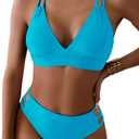 Tainehs Women's Push Up V Neck Bikini Sets Criss Cross Back Two Piece Bathing Suit (Large, Lake Blue)