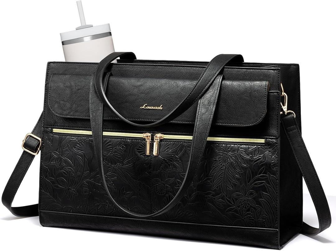 LOVEVOOK Laptop Tote for Women 15.6 Inch, PU Leather Waterproof Work Tote with Large Tumbler Pocket, Peony Embossed Textured Computer Bag, Organized Teacher Office Business Crossbody Handbag