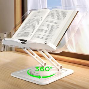 Book Stand for Reading, Adjustable Book Holder with 360Rotating Bases, Ergonomic Cookbook Stand Recipe Book Holder with Elastic Page Clips for Magazines, Tablets, Laptops,Acrylic White