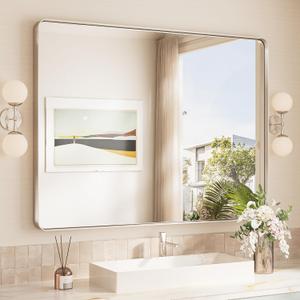 TokeShimi 48x36 Brushed Nickel Bathroom Wall Mirror Vanity Metal Frame Round Corner Rectangular for Home Decor Living Room Entryway