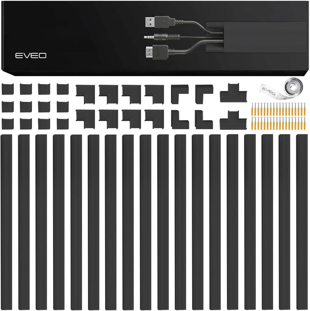 EVEO Cable Hider Wall 306 - Cable Raceway Cord Hider - Wire Covers for Cords on Wall, Cord Cover, Wall Cable Hider, Cable Concealer, Wire Hiders for TV on Wall - 20X (L16 W0.95 H0.5) - Medium | Black