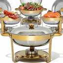 4 Pack 5QT Chafing Dishes for Buffet, Round Stainless Steel Chafing Dish Set, Stainless Steel Food Warmer Ideal for Family Gatherings, Parties, Weddings and Catering Events, Stackable Design (Gold)