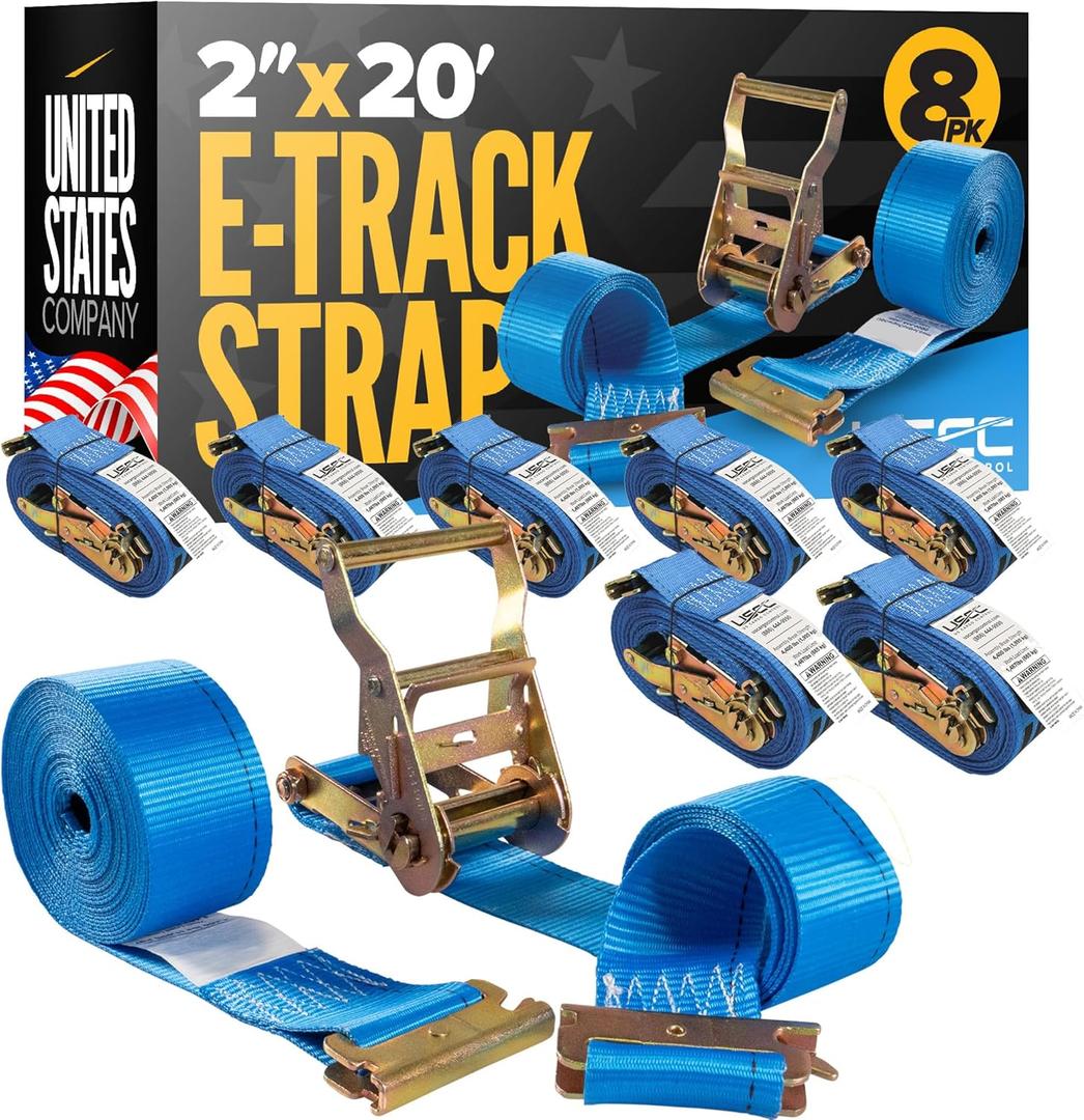 US Cargo Control E Track Straps 2" x 20' (8-Pack), 4,400 LBS Break Strength, Blue Heavy Duty E Track Ratchet Straps with 4' Fixed End and Spring E-Fittings, Logistic Tiedowns for Box Trucks, Vans