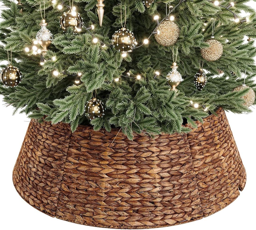 ELYKEN 33-Inch Woven Rattan Christmas Tree Collar, Stylish Hyacinth 6-Piece Tree Skirt for Artificial Trees, Wicker Tree Base Cover with Cord Cut-Out for Home Decor, Living Room Display, Brown Wash