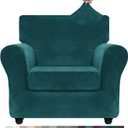 ZNSAYOTX Luxury Velvet Chair Slipcovers with Arms 2 Piece Stretch Chair Covers for Living Room Soft Armchair Slipcover Anti Slip Dog Pet Friendly Furniture Protector (Deep Teal),30"-47"(1 Cushion), Deep Teal/Blackish Green