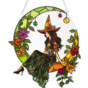 Halloween Faux Stained Glass Ghost Ornaments Acrylic, Halloween Decor Cute Suncatcher, Cute Ghost Gift for Book Lovers, Gothic Fall Decor for Window, for Women (Moon Witch)