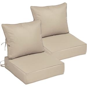 22x22 Outdoor Chair Cushions Set of 2, Waterproof Deep Seat Cushions for Patio Furniture with Removable Cover, Fade Resistant 4'' Outdoor Seat Cushion with Ties Handle for Wicker Sofa Couch, Khaki