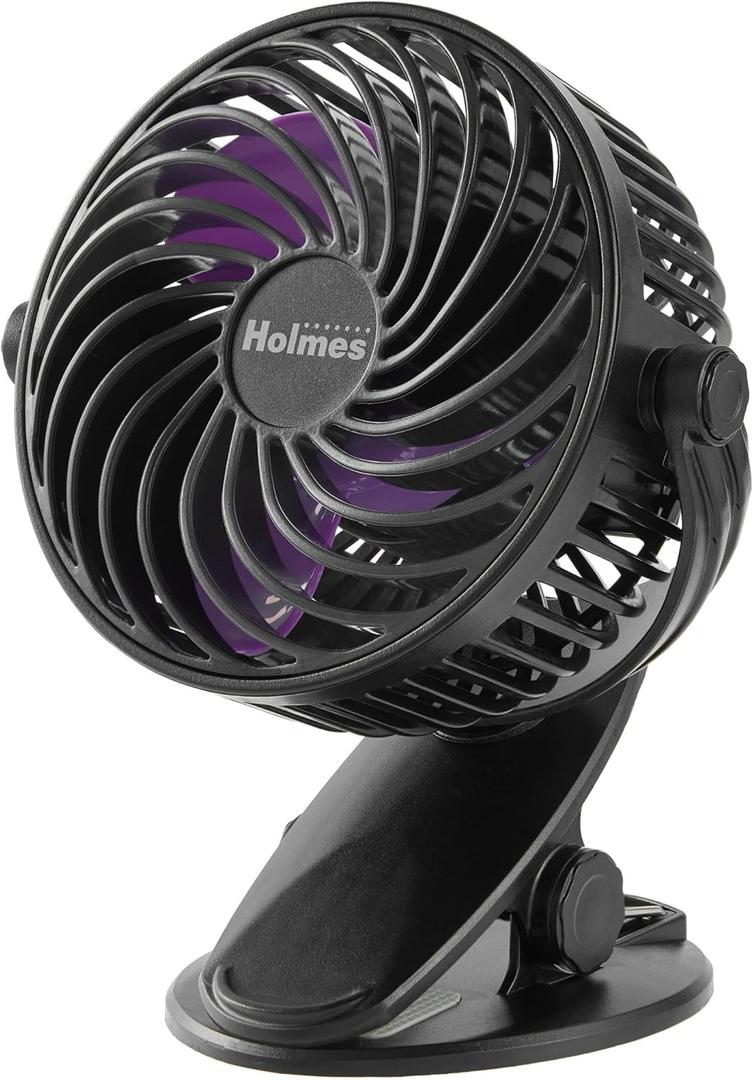Holmes 4 On-The-Go Personal Fan with Clip 3 Speeds, 360 Rotation, Rechargeable Battery, USB-C Charging, Compact, Black with Purple Blades, Ideal for Desks & Personal Spaces