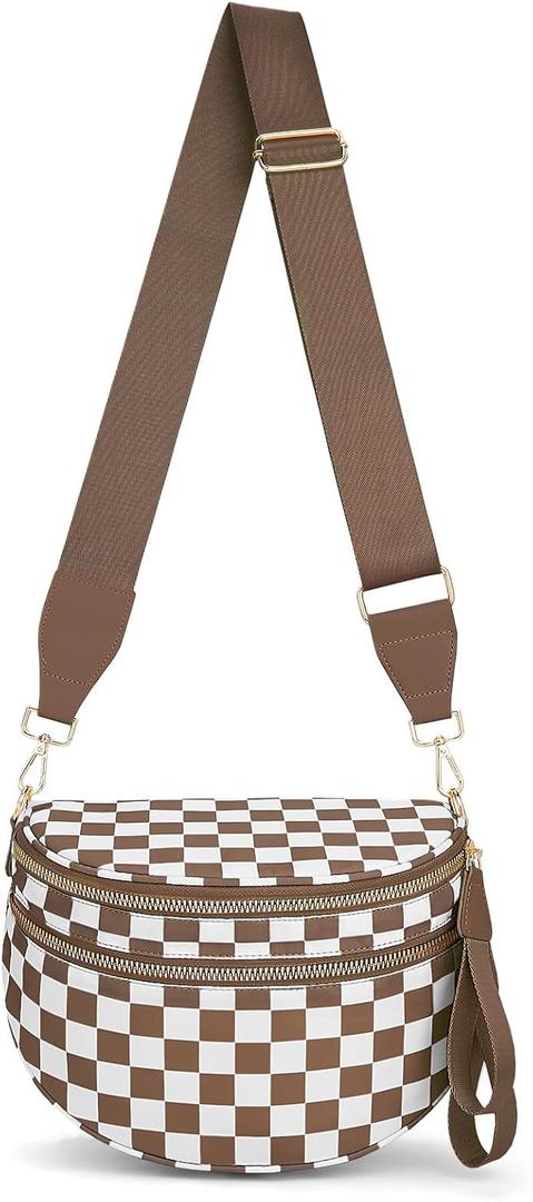 Lushandy Bum Bag Women's Checkered Crossbody Bag Nylon Cross Body Bags Plaid Mom Everyday Purse for Travel (05-white and Brown)