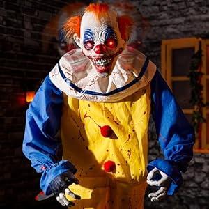 Halloween Animatronic 6ft Standing Killer Clown, Animated 72inch Decorations with Motion Activation, Creepy Sound, Scary Move, Light Up Eyes, Haunted House Spooky Horror Prop for Indoor, Outdoor, Yard