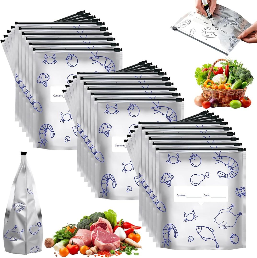 30Pcs Reusable Aluminum Foil Sealable Storage Bags, 2026 New Resealable Vacuum Zipper Pouches for Food, Stand Up Foil Sealable Bags with Label and Zip Lock for Vegetable (Large)