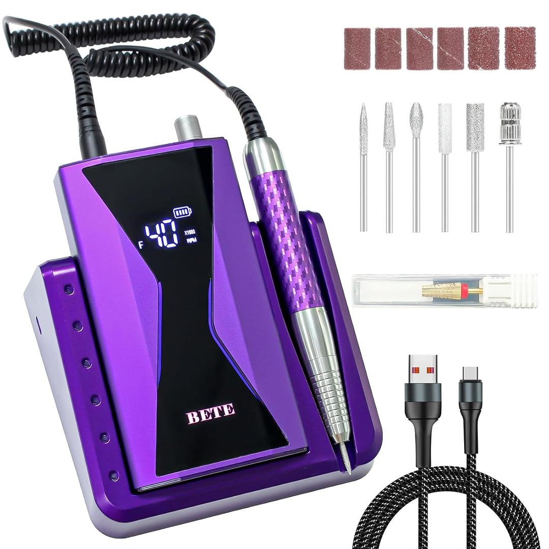 BETE Professional Nail Drill Machine, 0-40000RPM Brushless Durable Electric Nail File for Acrylic Gel Nails, Rechargeable Nail Drill with Charging Base with 6pcs Drill Bits for Salon Home, Purple