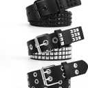 3 Pcs Studded Belt Y2K Metal Goth Punk Rock Rivet Belt with Bright Pyramid Studded for Women Men (Fit Pant 31-36 inch, Silver+black+double Holes)