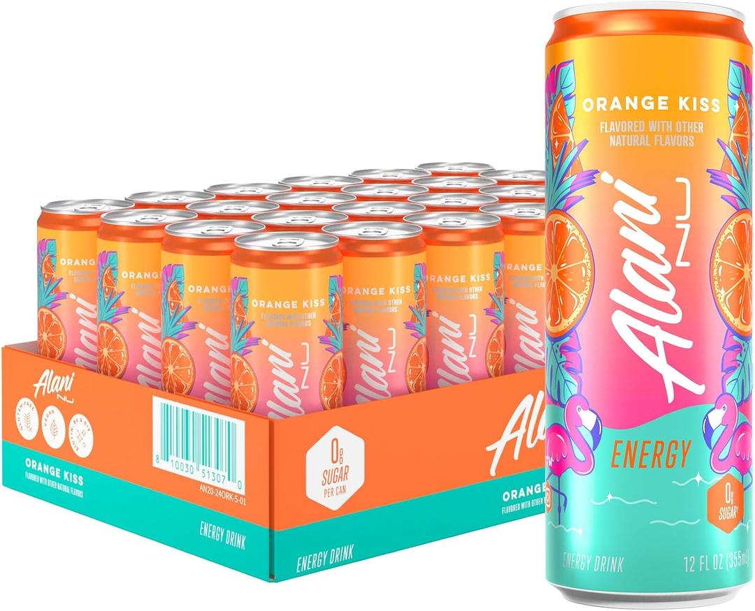 Alani Nu ORANGE KISS, Sugar Free, Low Calorie Energy Drinks, 200mg Caffeine, Biotin, B Vitamins, Zero Sugar, 10 Calories, 12 Fl Oz Cans, 24 Pack (EXP 07/09/27)