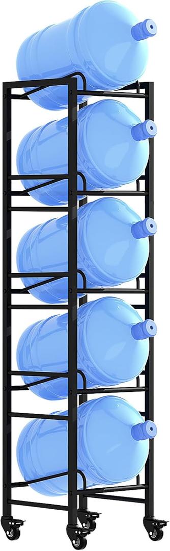 5 Gallon Water Jug Holder, Moveable 5 Tier Heavy Duty Water Rack with 4 Wheels, Rack for Water Jug Storage, Space Saving Water Stand for Five 5 Gallon Water Jugs, Black