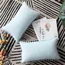 Throw Pillow Cases 12x20 Light-Blue: 2 Pack Cozy Soft Pom-poms Velvet Rectangular Decorative Pillow Covers for Farmhouse Home Decor