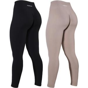 AUROLA Power Workout Leggings for Women Tummy Control Squat Proof Ribbed Thick Seamless Scrunch Active Pants (Large, Set (Black+Natural))