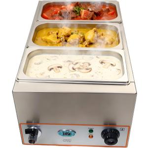 CTJ 3-Pan Commercial Food Warmer 1500w Electric Steam Table Food Warmer Stainless Steel Bain Marie Buffet Countertop with 3 x 1/3 Size Pan (Include Lid and Tap) for Home, Catering, Restaurants