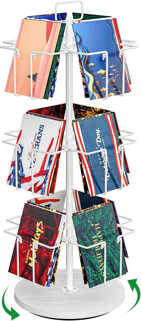 3 Tier Rotating Greeting Card Display Stand with 12 Pockets, Metal Greeting Card Rack for Stickers, Photocard, Brochures, Countertop Postcard Holder Display Stand for Home, Showcase, Retail (White)