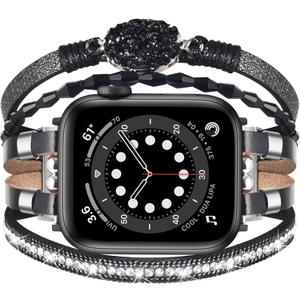 Filoto Boho Watch Band Women Compatible with Apple Watch Band , Dressy Beaded Bracelet Leather Handmade Apple Watch Strap for iWatch, Size: 46(S10/11)/49/45/44/42mm(S1/2/3), (Black)