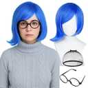 Wiggy Mermaid Blue Wig and Glasses for Women Adult Short Straight Blue Wig with Wig Cap for Halloween Sad Costume Party Cosplay