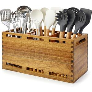 Extra Large Acacia Wood Utensil Holder for Kitchen Counter Decor Rustic Wooden Spatula Holders Cooking Utensils Organizer Countertop Silverware Caddy Spoon Kitchen Tool Holder Farmhouse Utensil Crock