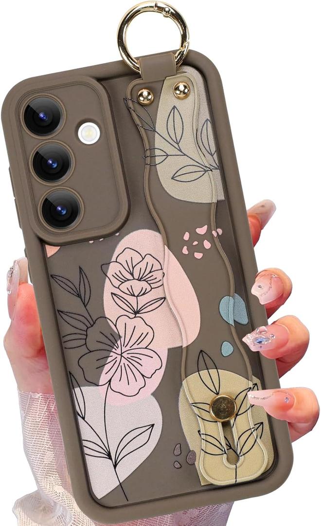 Silicone Case for Samsung Galaxy S25 Plus with Strap, Cute Flower Floral Phone Case for Girl Women, Adjustable Finger Strap Shockproof Protective Cover, Brown Flowers