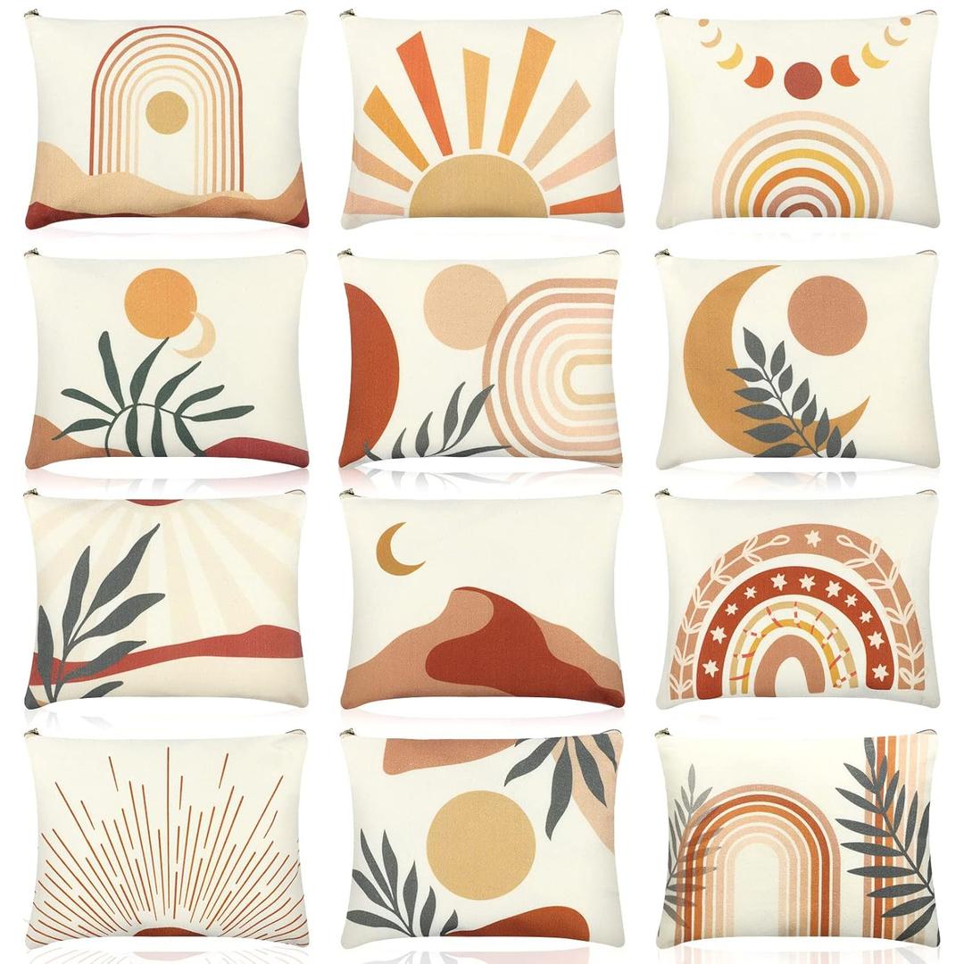 Kajaia 12 Pcs Boho Makeup Bags Bulk Rainbow Sunshine Moonlight Cosmetic Bag Canvas Cute Large Zipper Pouches for Purse Preppy Makeup Organizer Travel Pouch Birthday Gift for Women Girl, 12 Style