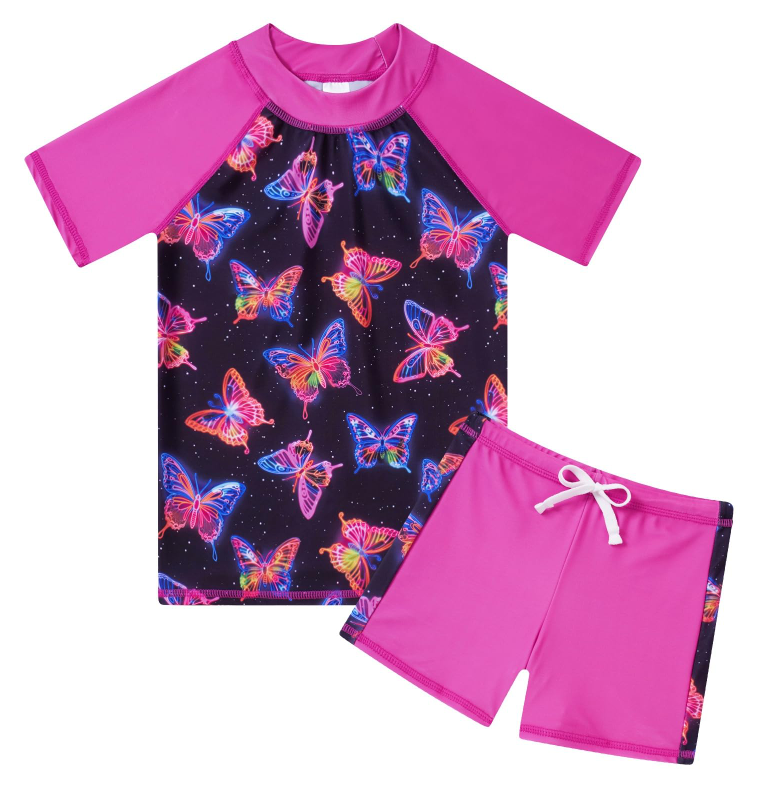 Lovekider Girls Two-Piece Swimsuits with Shorts Shirt Summer Neon Butterflies Boyshort Rashguard Bathing Suit UPF 50+ UV Liner Quick Dry Swimwear, 5-6 
