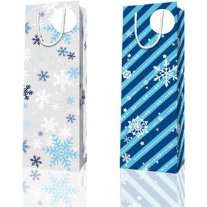 L7HWDP 4 Pcs Christmas Gift Bags with Handles Snowflake Winter Stripes Bottle Bags for Holiday Bottle Wrapping Set