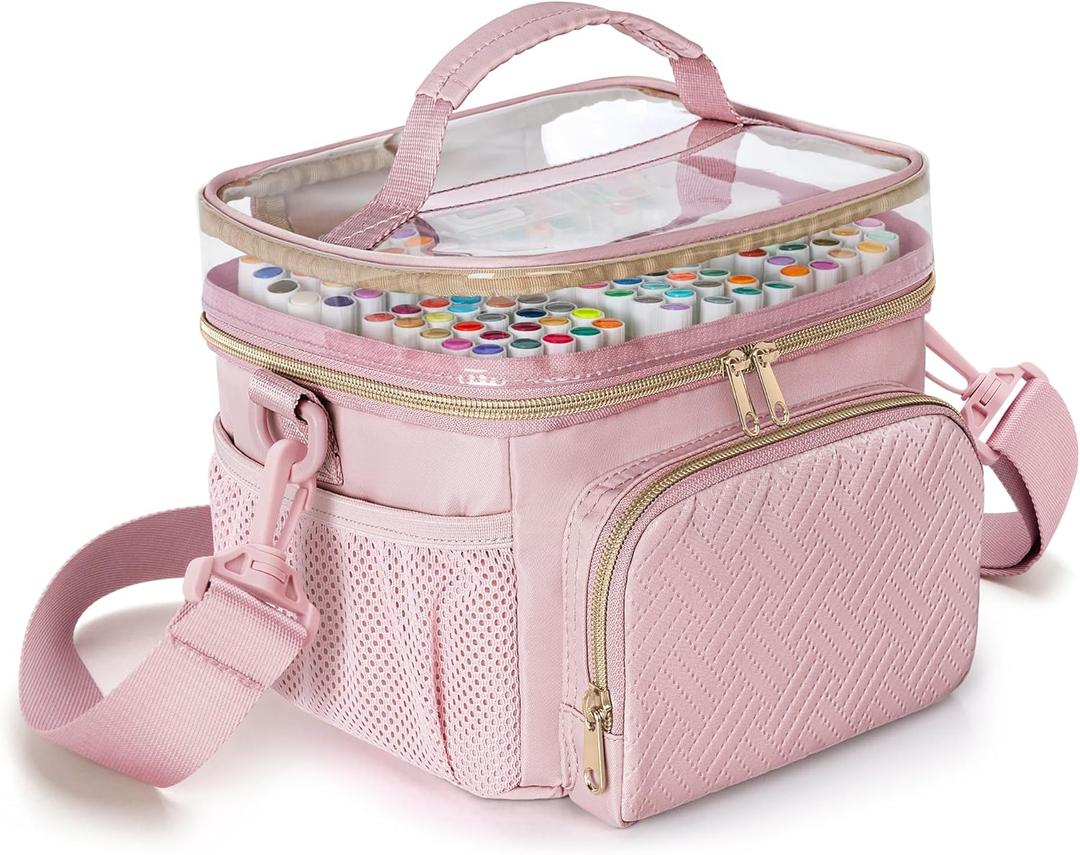 Marker Organizer Case for 100 Markers, Marker Storage Organizer Bag with Divider and Shoulder Strap, Marker Travel Carrying Case with 3 Pockets, Pink (Patented Design)