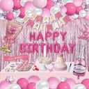 Party Spot! 103 pc Pink Birthday Decorations - Balloon Arch, Tablecloth, Banner, Fringe Curtains for Women's Pink Party