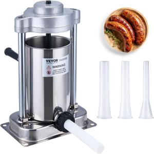 VEVOR Manual Sausage Stuffer, 2 L / 5 LBS Vertical Sausage Machine with G-type Clamp, Food-Grade 304 Stainless Steel Barrel with 2 Stuffing Tubes, for Home Kitchen Restaurant Commercial