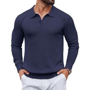 COOFANDY Men Long Sleeve Quarter Button Sweaters Ribbed Knit Pullover Sweater Casual Cable Polo Shirt Fall Polo Sweaters Blue Purple (Blue)