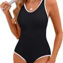 Edelqual Womens One Piece Swimsuits Tummy Control Athletic Full Coverage Bathing Swim Suit Color Block Slimming Swimwear Size L (Black)