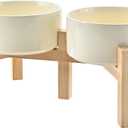 SPUNKYJUNKY Elevated Dog Bowls Ceramic, 6.1'' Dogs and Cat Food Water Bowls Raised with Non-Slip Bamboo Stand for Medium Sized Breed Microwave Dishwasher Safe - 28.7 OZ,Beige
