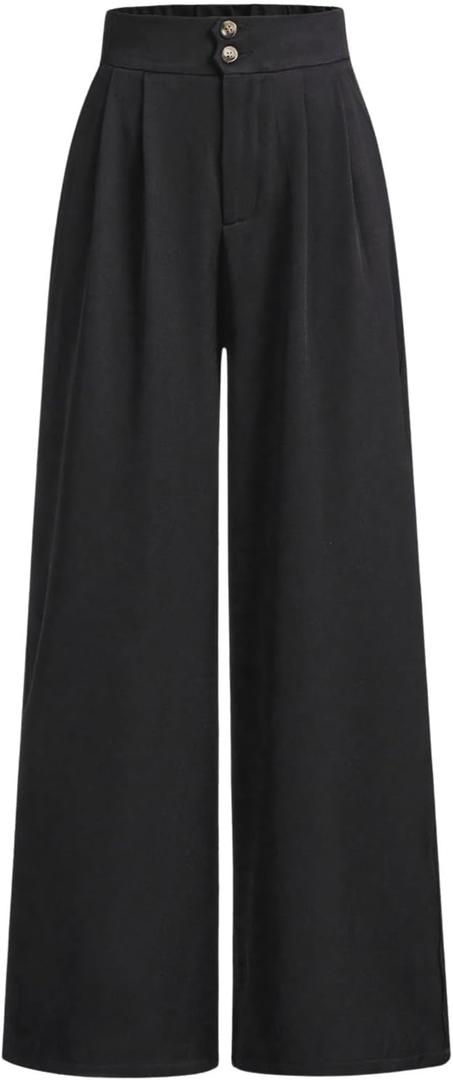 OYOANGLE Girl's Button Down Elastic High Waist Wide Leg Pants Casual Solid Trousers with Pockets Black 15Y