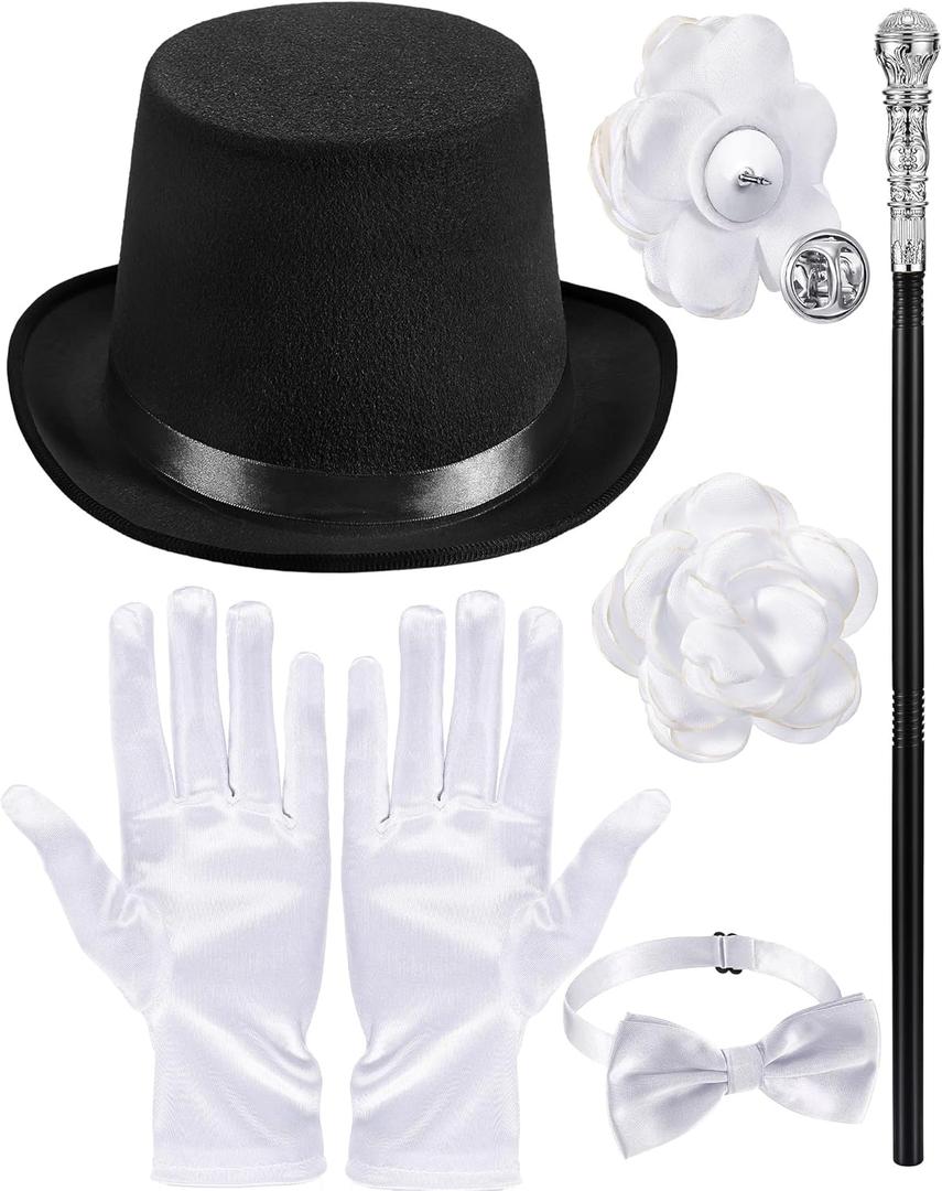 5 Pcs Adult Magician Costume Accessories - Top Hat, Wand, Gloves, Bow Tie, Rose Flower Brooch for Women's Halloween Cosplay, Parade, Dance Recitals
