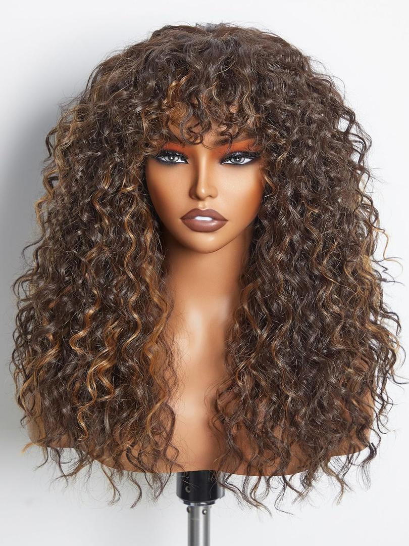 GORGIUS Shaggy Haircuts Natural Highlight Curly Wigs with Bangs Crafted with Style-Archive Technology: Premium Fiber & Remy Human Hair Blended, Realistic Look with True Scalp (Brown Highlights | Shaggy Curls)