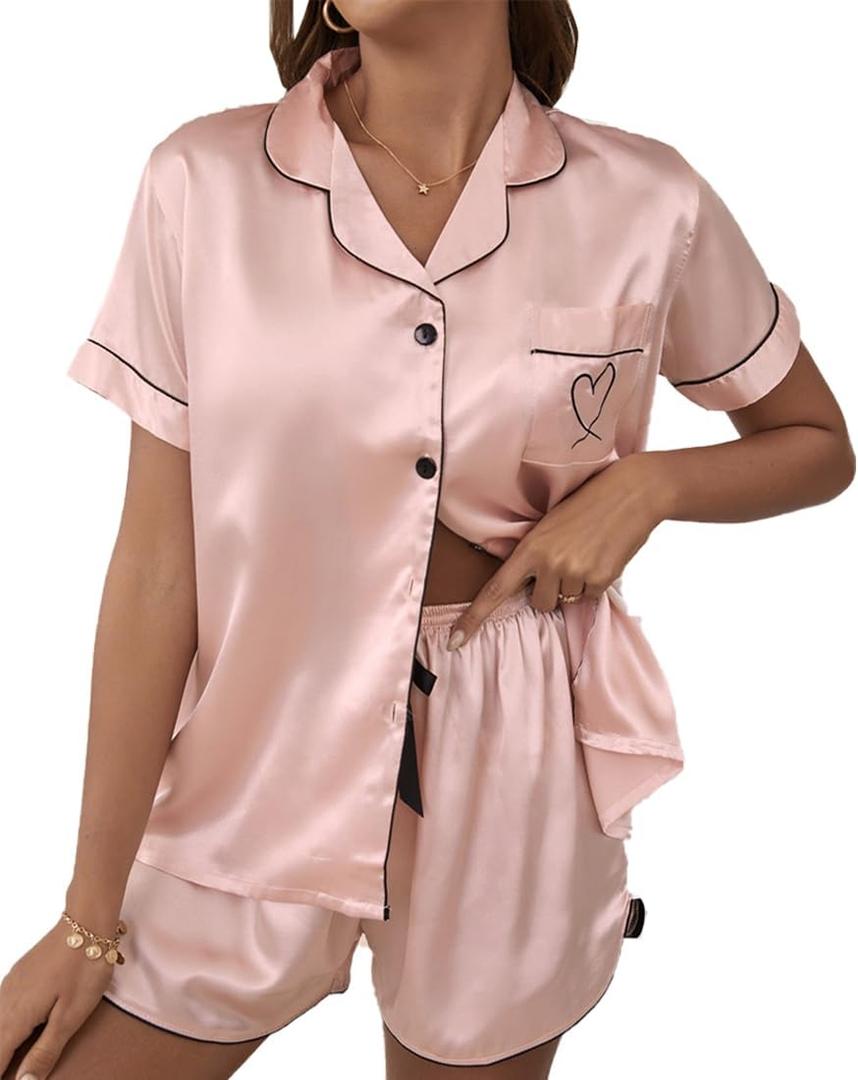 Womens Silk Satin Pajamas Set Short Sleeve Sleepwear Button Down Loungewear 2 Piece Pjs Shorts Set (M)