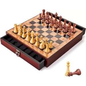 AMEROUS 17 inches Wooden Chess Set with High Polymer Weighted Chess Pieces / 2 Built-in Storage Drawers / 2 Extra Queens / 3.75'' King, Classic Board Game