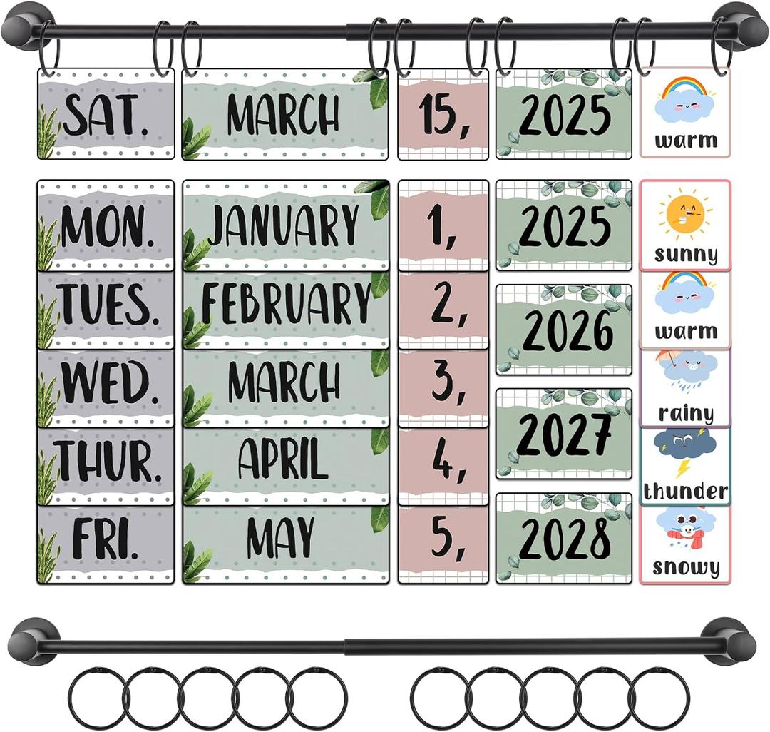 Elfcool Flip Calendar for Classroom Calendar Bulletin Board Set with Adjustable Magnetic Rod & 60 Date Cards for School Classroom Decor Supplies (Eucalyptus)