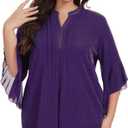 Betu Womens Ruffle 3/4 Sleeve V Neck Double Layers Mesh Blouses Loose Fit Flowy Tunic Tops, M-5XL (Purple)