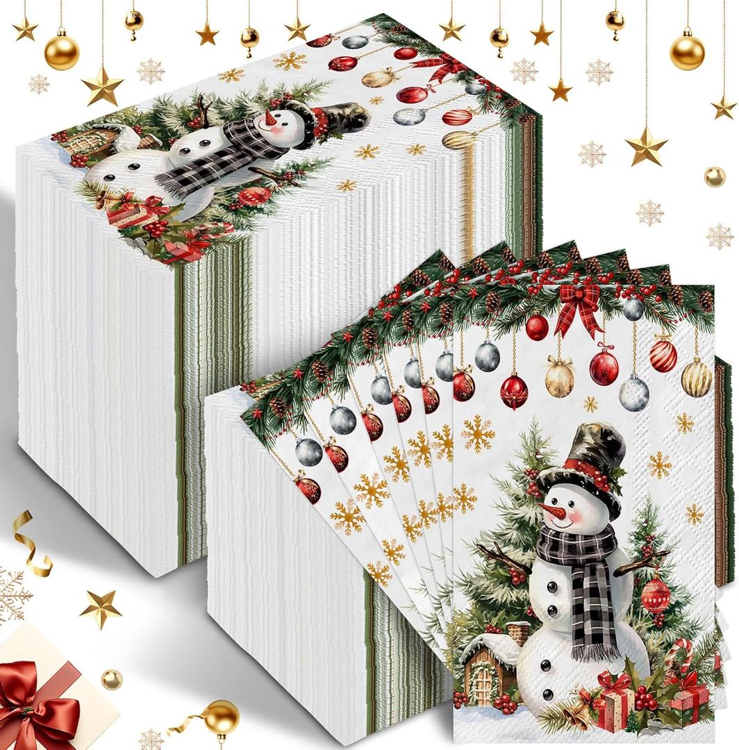 200 PCS Christmas Snowman Paper Napkins Merry Christmas Disposable Guest Napkins Decorative Xmas Dinner Hand Napkins for Bathroom Kitchen Winter New Year Holiday Party Supplies Baby Shower